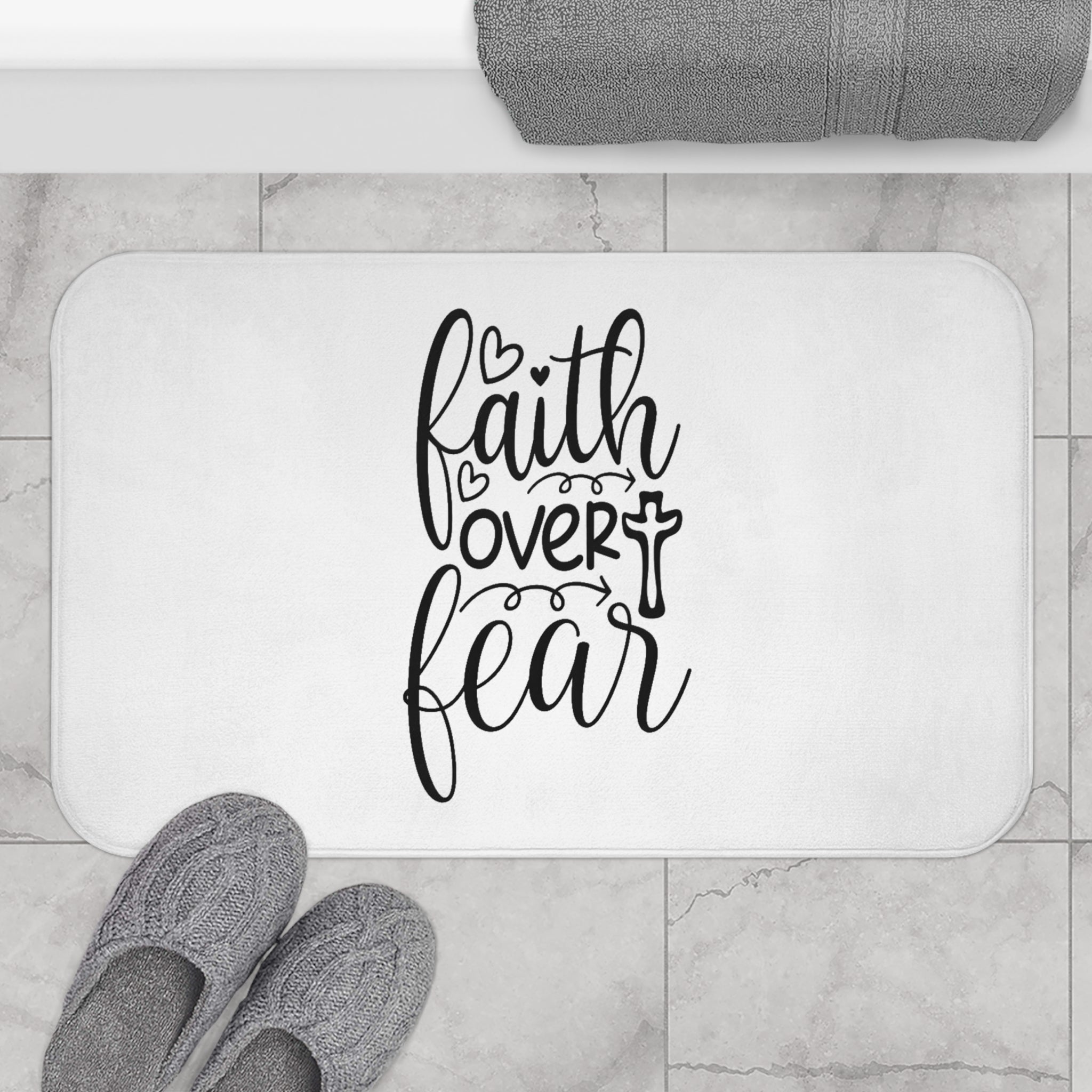 Faith Over Fear Bath Mat – Christian Bathroom Rug with Cross | Minimalist Faith Home Décor