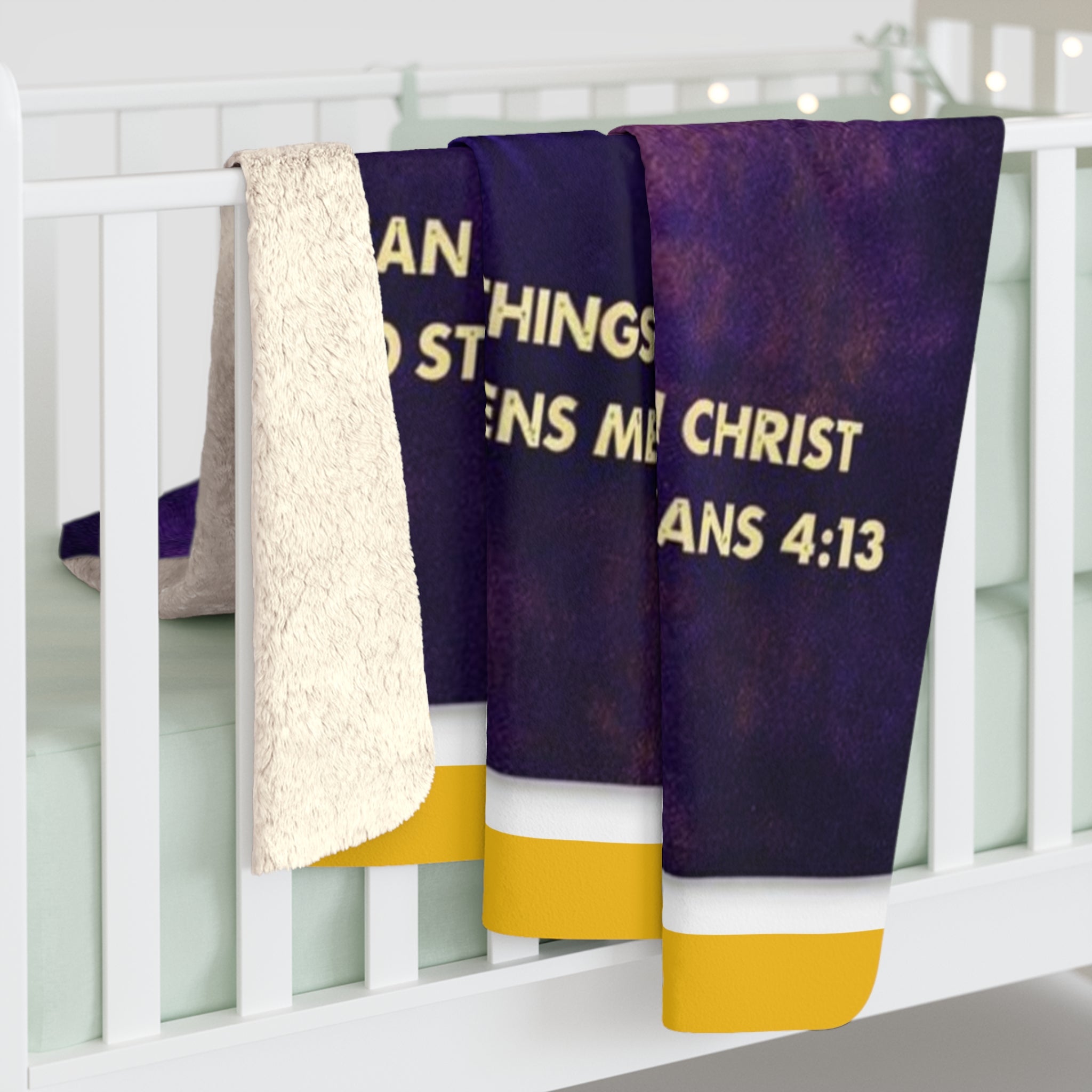 Christian Sherpa Football Blanket | Philippians 4:13 Scripture Throw | Purple & Gold Faith-Inspired Blanket | Cozy Game Day Décor