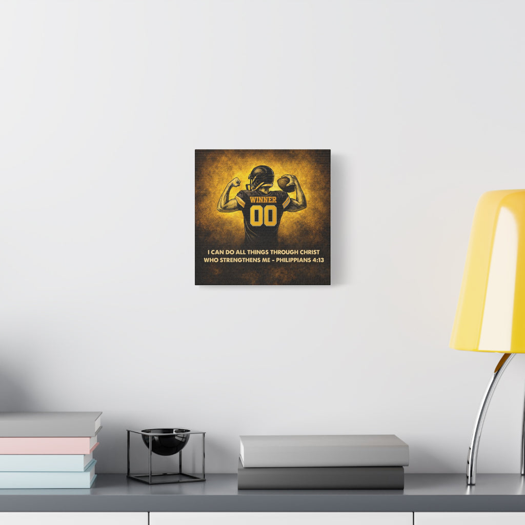 Christian Football Wall Art Canvas – Black & Gold Faith Decor | Philippians 4:13 Scripture | Midwest Football Home Art