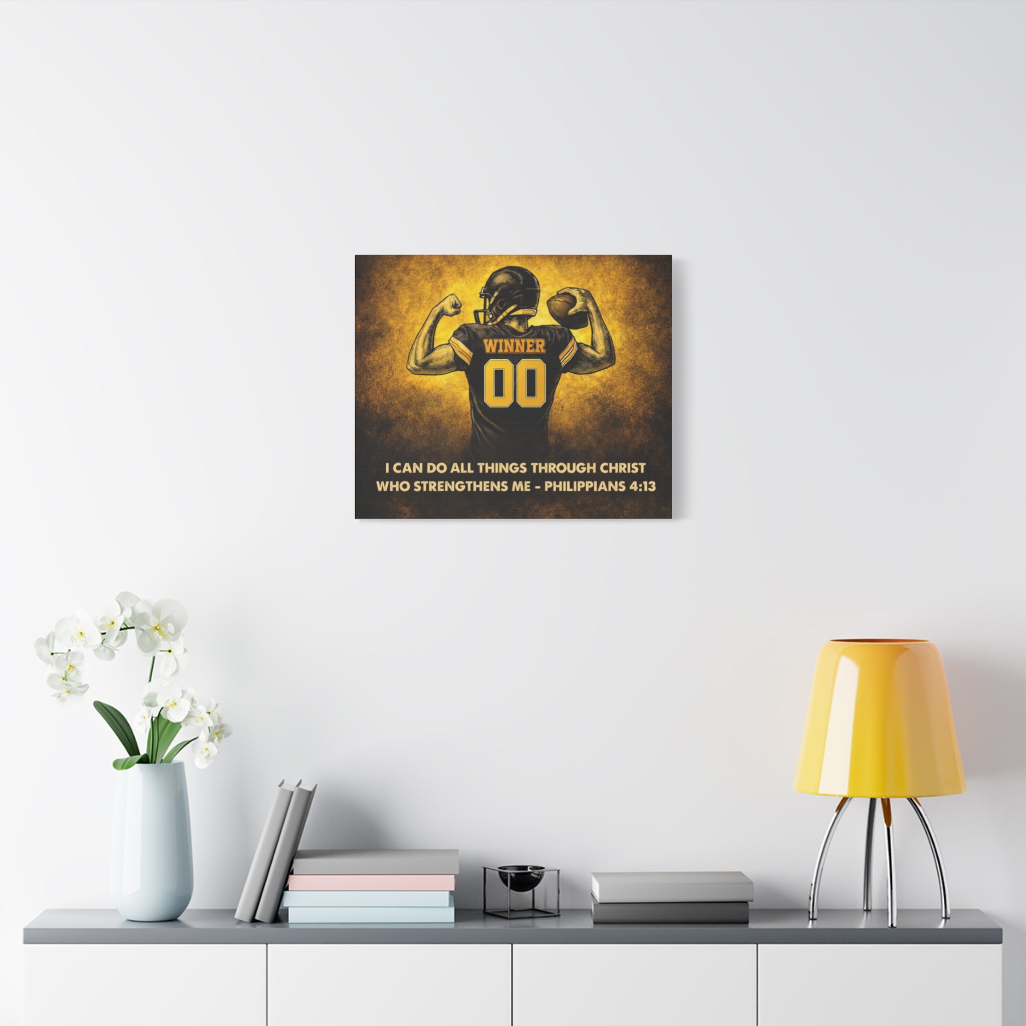Christian Football Wall Art Canvas – Black & Gold Faith Decor | Philippians 4:13 Scripture | Midwest Football Home Art