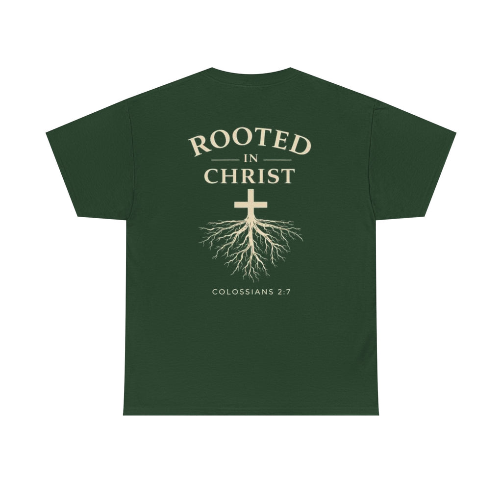 Rooted in Christ Christian T-Shirt – Colossians 2:7 Faith-Based Graphic Tee | Inspirational Christian Apparel