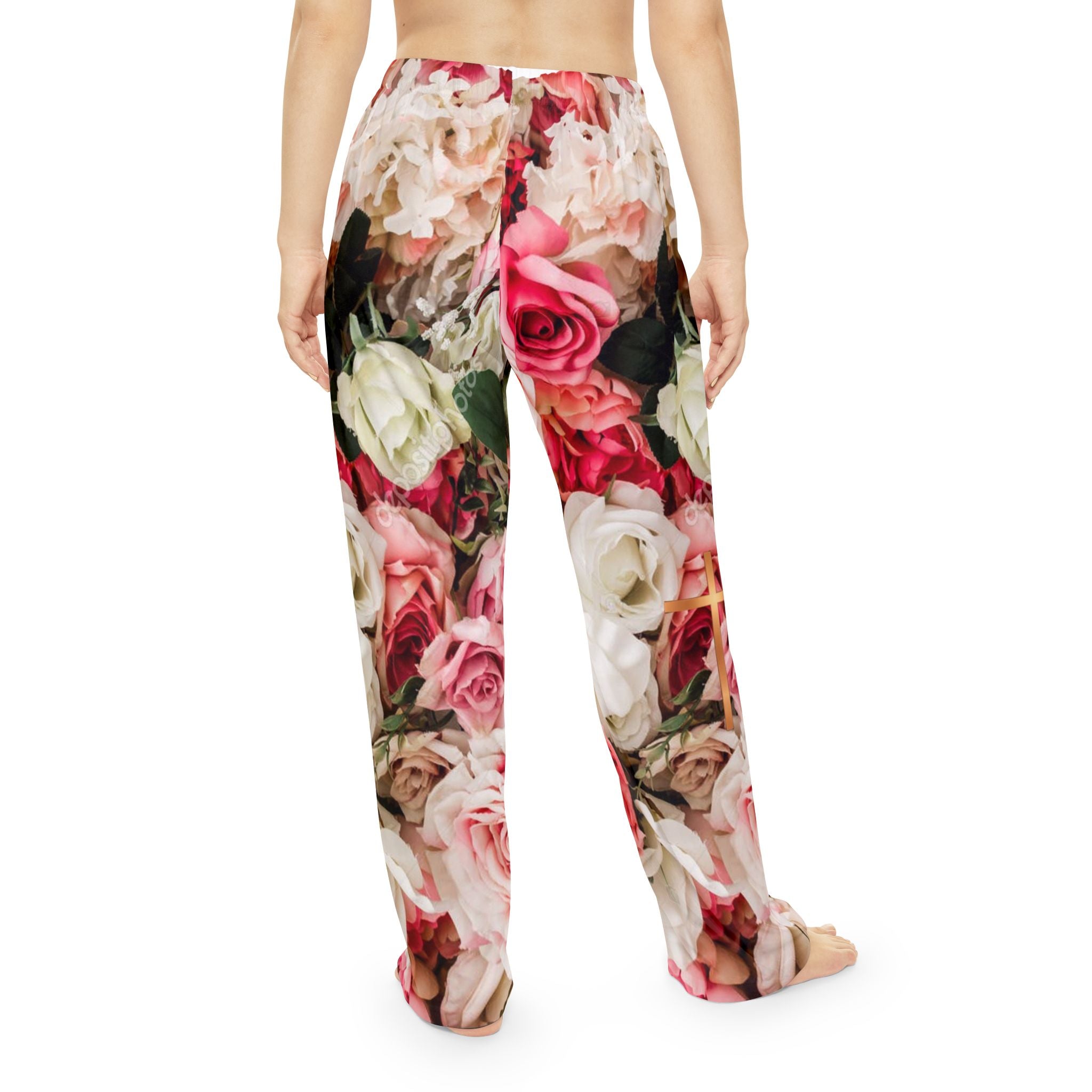 Christian Pink Rose Floral Sweat pants with Copper Cross – Faith-Inspired Cozy Women’s Loungewear