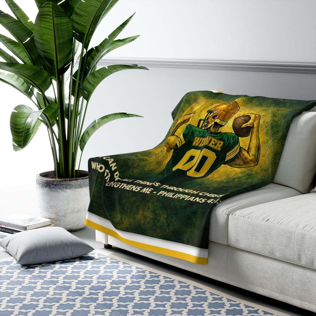 Christian Sherpa Football Blanket | Philippians 4:13 Scripture Throw | Green & Gold Faith-Inspired Blanket | Cozy Game Day Decor