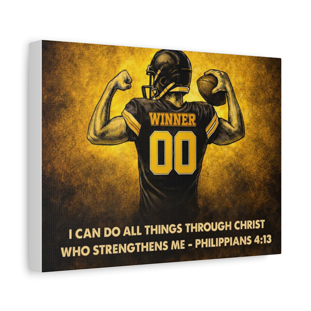 Christian Football Wall Art Canvas – Black & Gold Faith Decor | Philippians 4:13 Scripture | Midwest Football Home Art