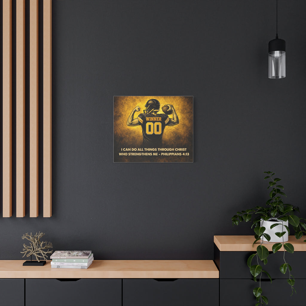 Christian Football Wall Art Canvas – Black & Gold Faith Decor | Philippians 4:13 Scripture | Midwest Football Home Art