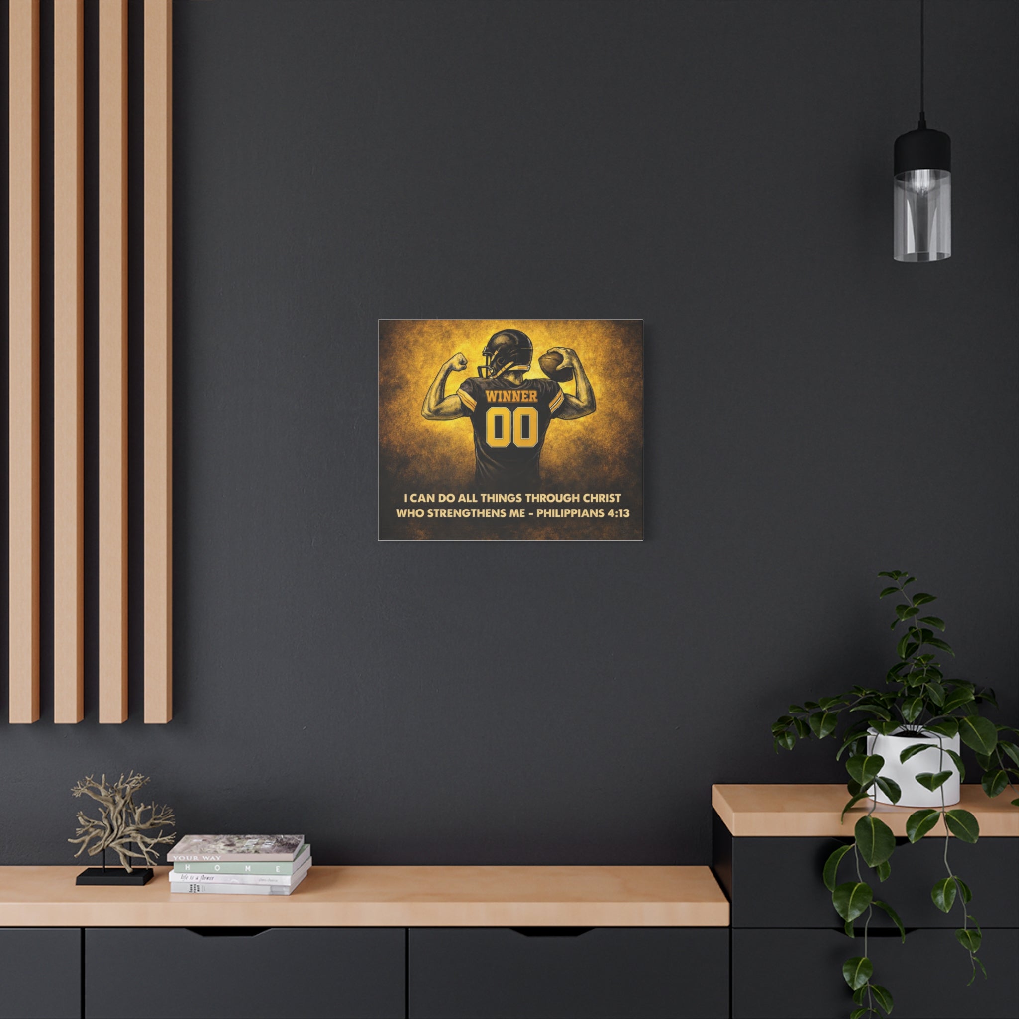 Christian Football Wall Art Canvas – Black & Gold Faith Decor | Philippians 4:13 Scripture | Midwest Football Home Art