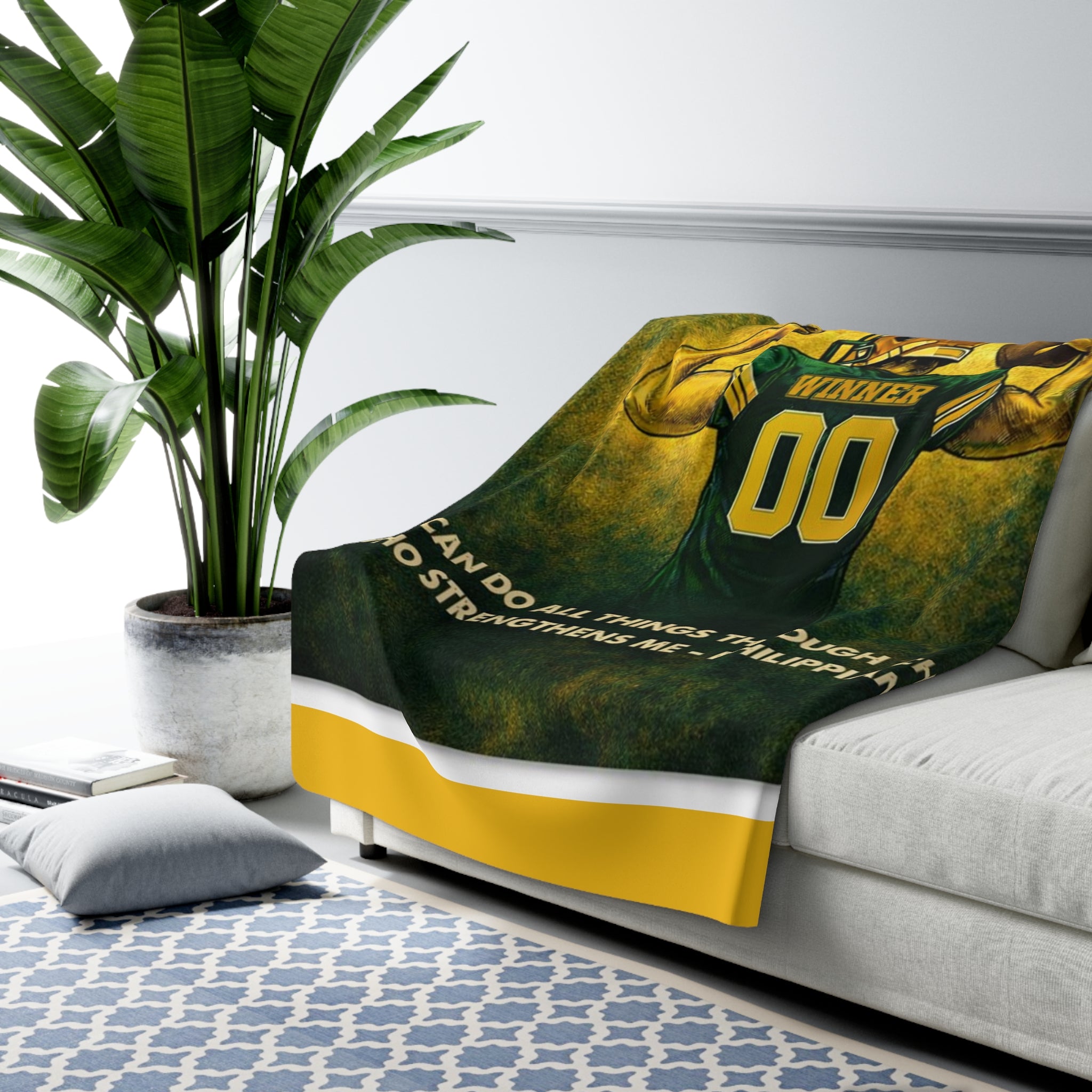 Christian Sherpa Football Blanket | Philippians 4:13 Scripture Throw | Green & Gold Faith-Inspired Blanket | Cozy Game Day Decor