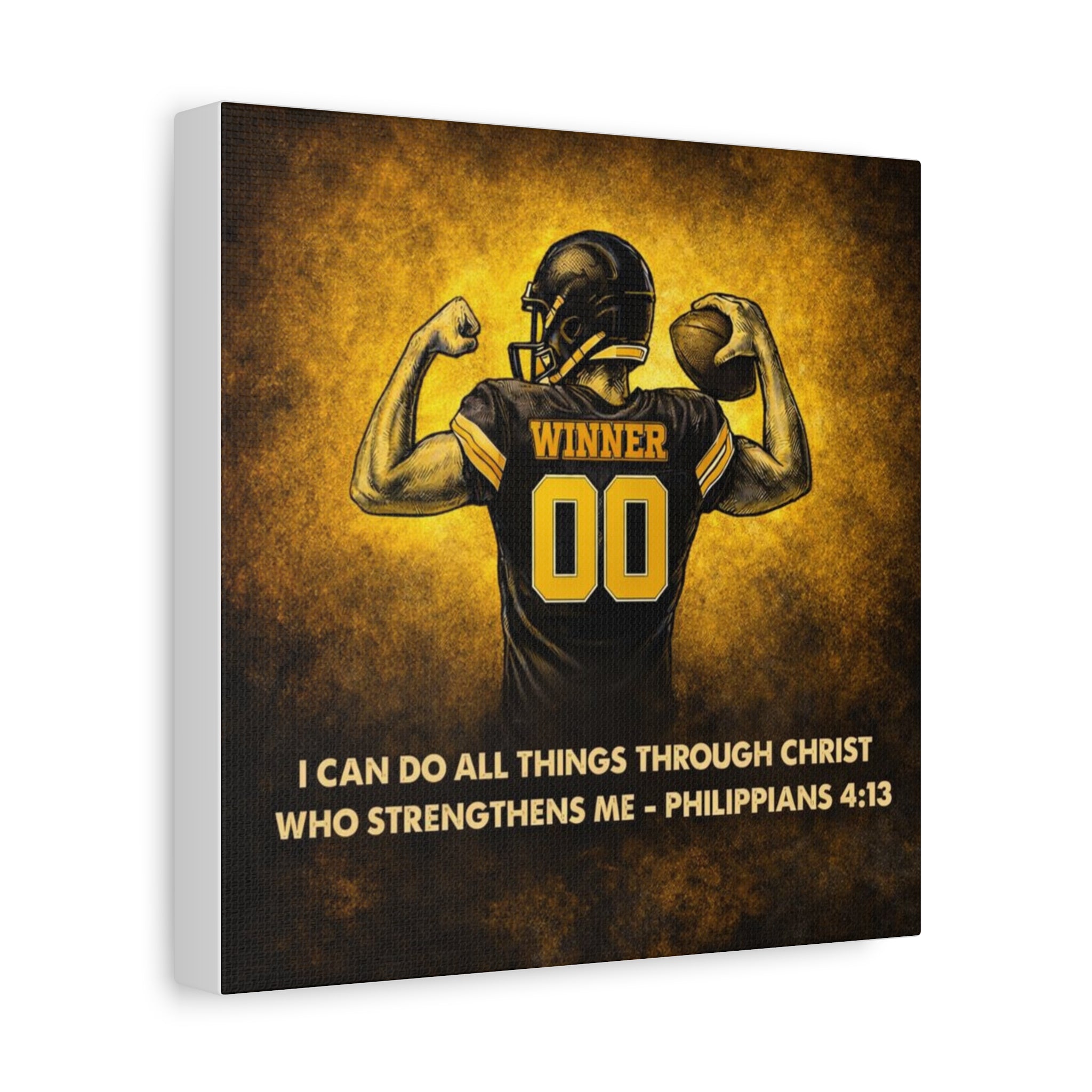 Christian Football Wall Art Canvas – Black & Gold Faith Decor | Philippians 4:13 Scripture | Midwest Football Home Art