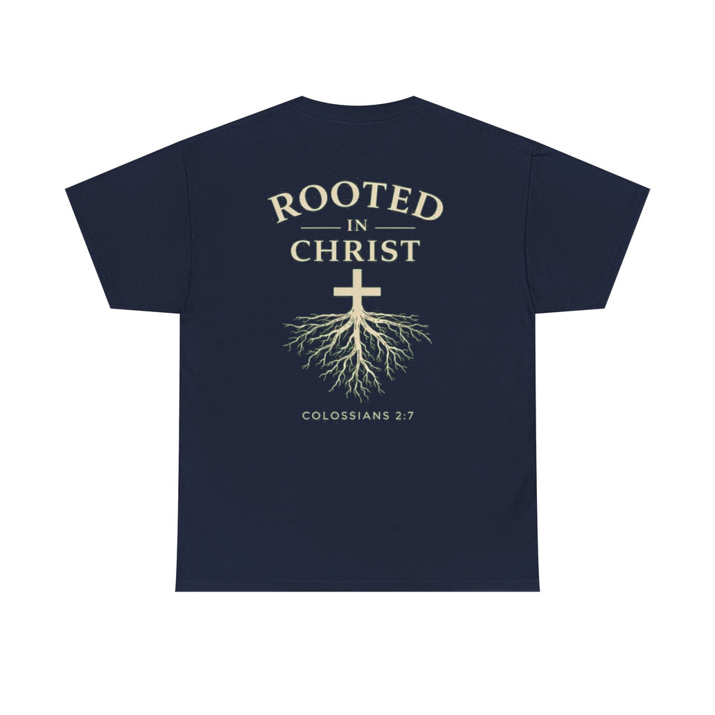 Rooted in Christ Christian T-Shirt – Colossians 2:7 Faith-Based Graphic Tee | Inspirational Christian Apparel