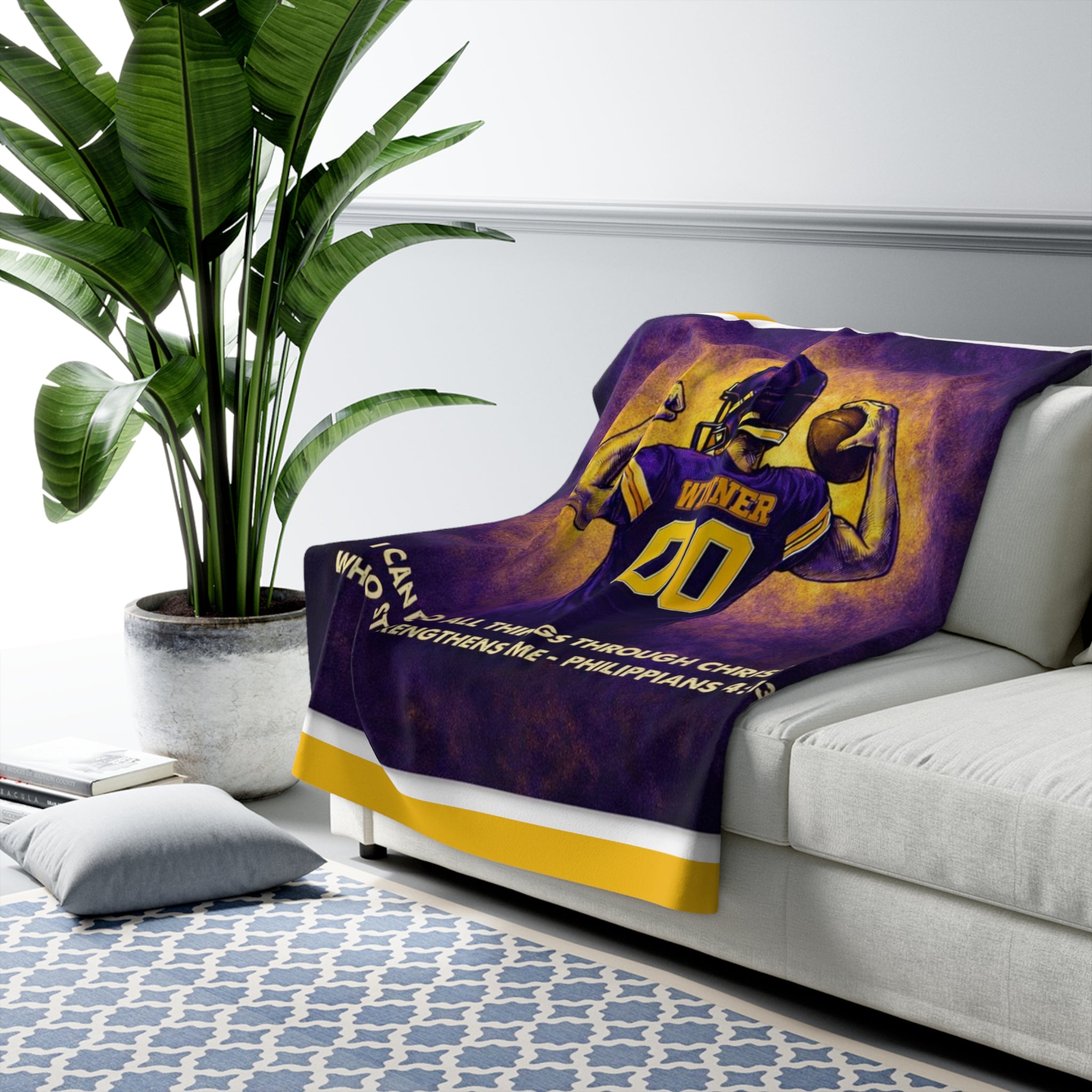 Christian Sherpa Football Blanket | Philippians 4:13 Scripture Throw | Purple & Gold Faith-Inspired Blanket | Cozy Game Day Décor