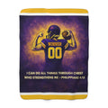 Christian Sherpa Football Blanket | Philippians 4:13 Scripture Throw | Purple & Gold Faith-Inspired Blanket | Cozy Game Day Décor