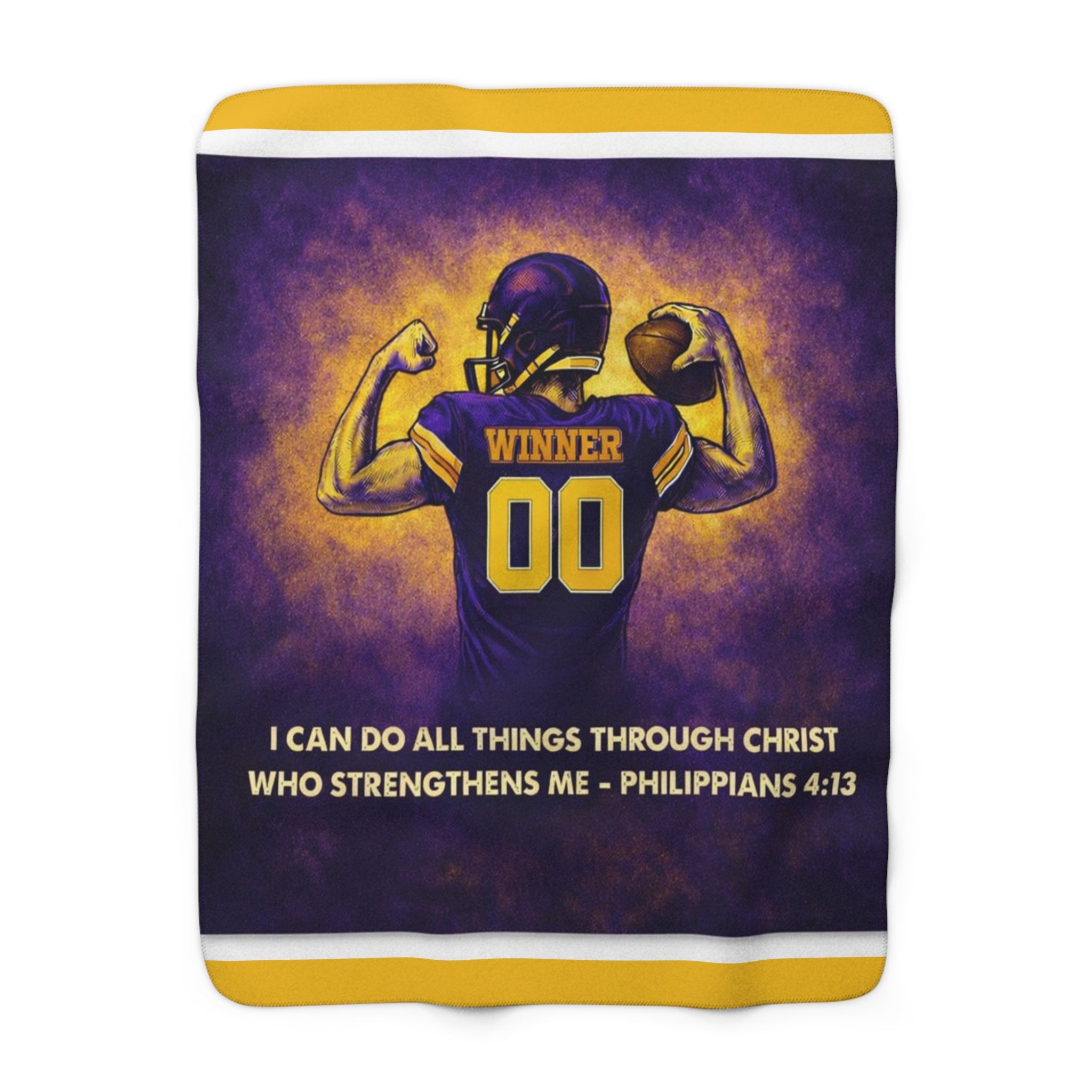 Christian Sherpa Football Blanket | Philippians 4:13 Scripture Throw | Purple & Gold Faith-Inspired Blanket | Cozy Game Day Décor
