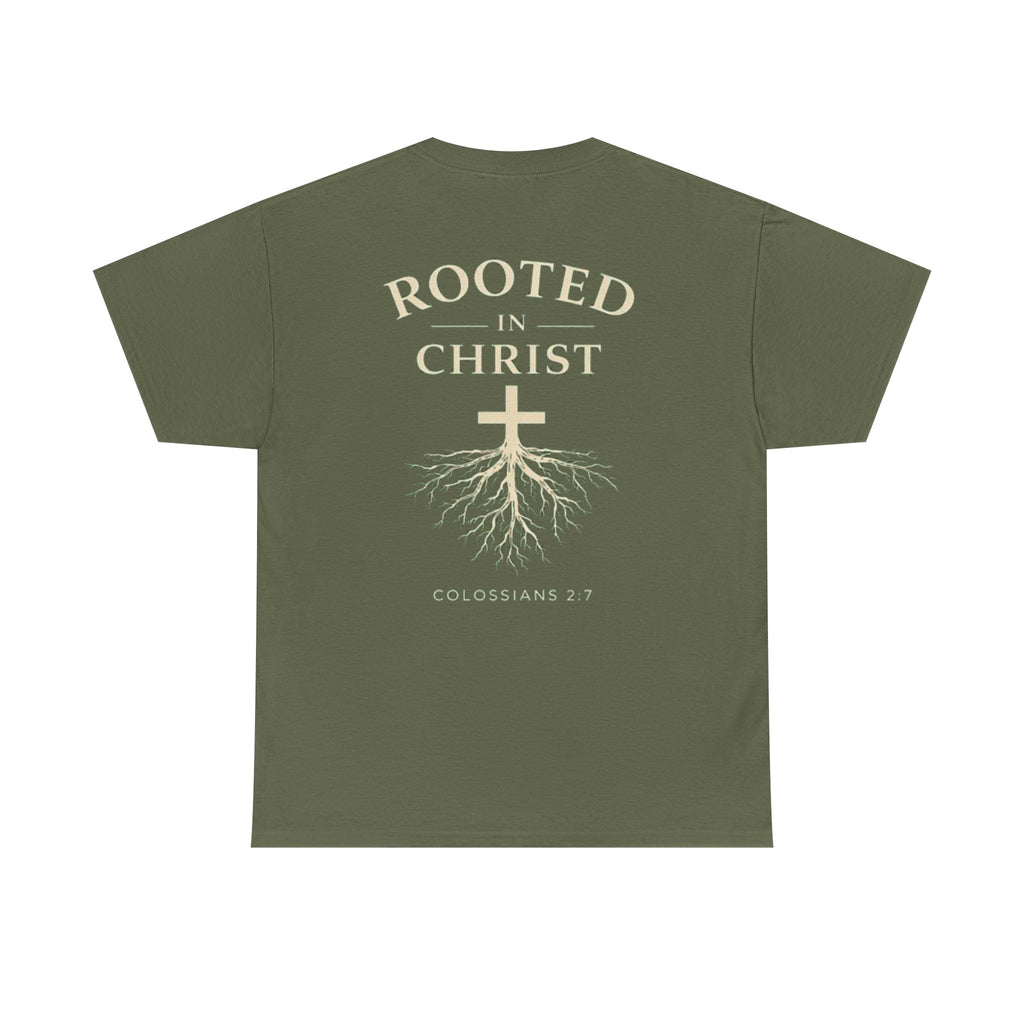 Rooted in Christ Christian T-Shirt – Colossians 2:7 Faith-Based Graphic Tee | Inspirational Christian Apparel