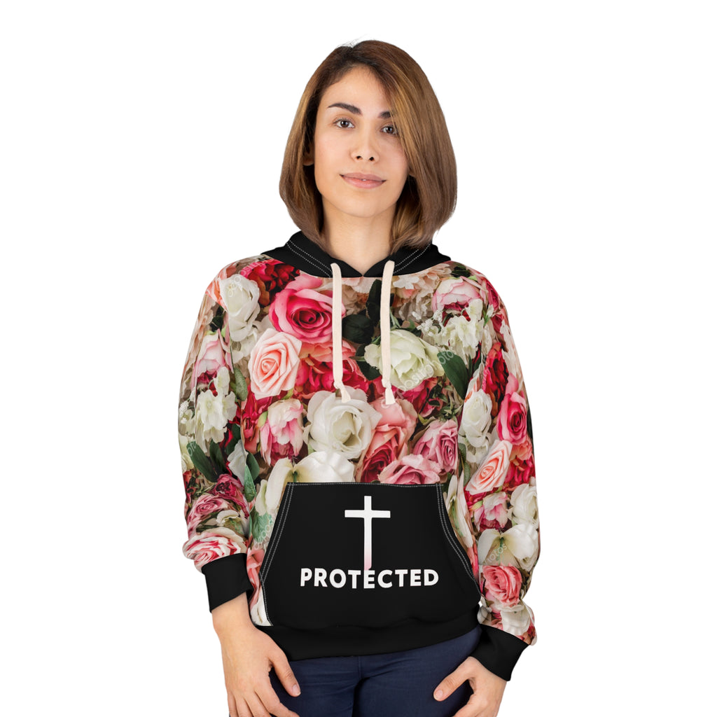 Christian Floral Hoodie “Protected” – Rose Flower Faith Hoodie with Cross | Inspirational Christian Sweatshirt