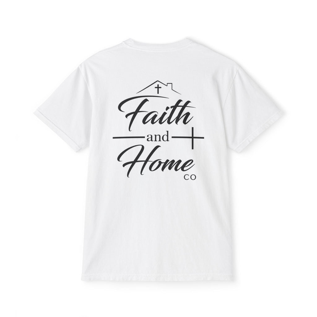 Faith and Home Co Pocket T-Shirt | Christian Graphic Tee with Back Print | Minimalist Faith Apparel | Unisex Shirt