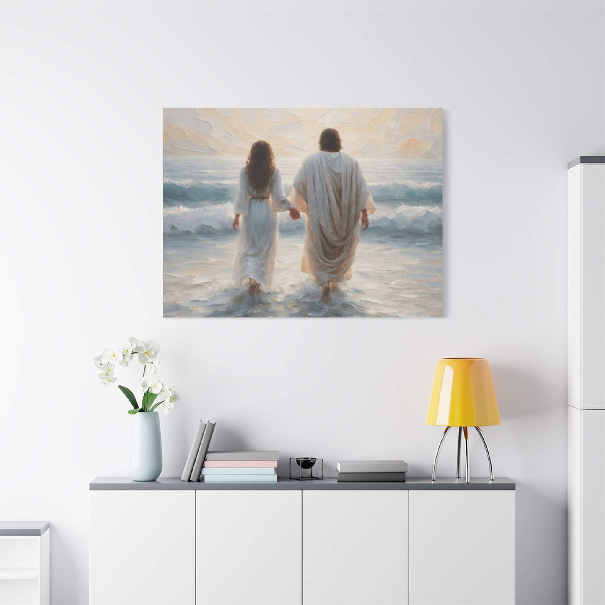 Jesus Walking on Water Canvas Wall Art – Christian Coastal Faith Artwork | Inspirational Christian Home Décor