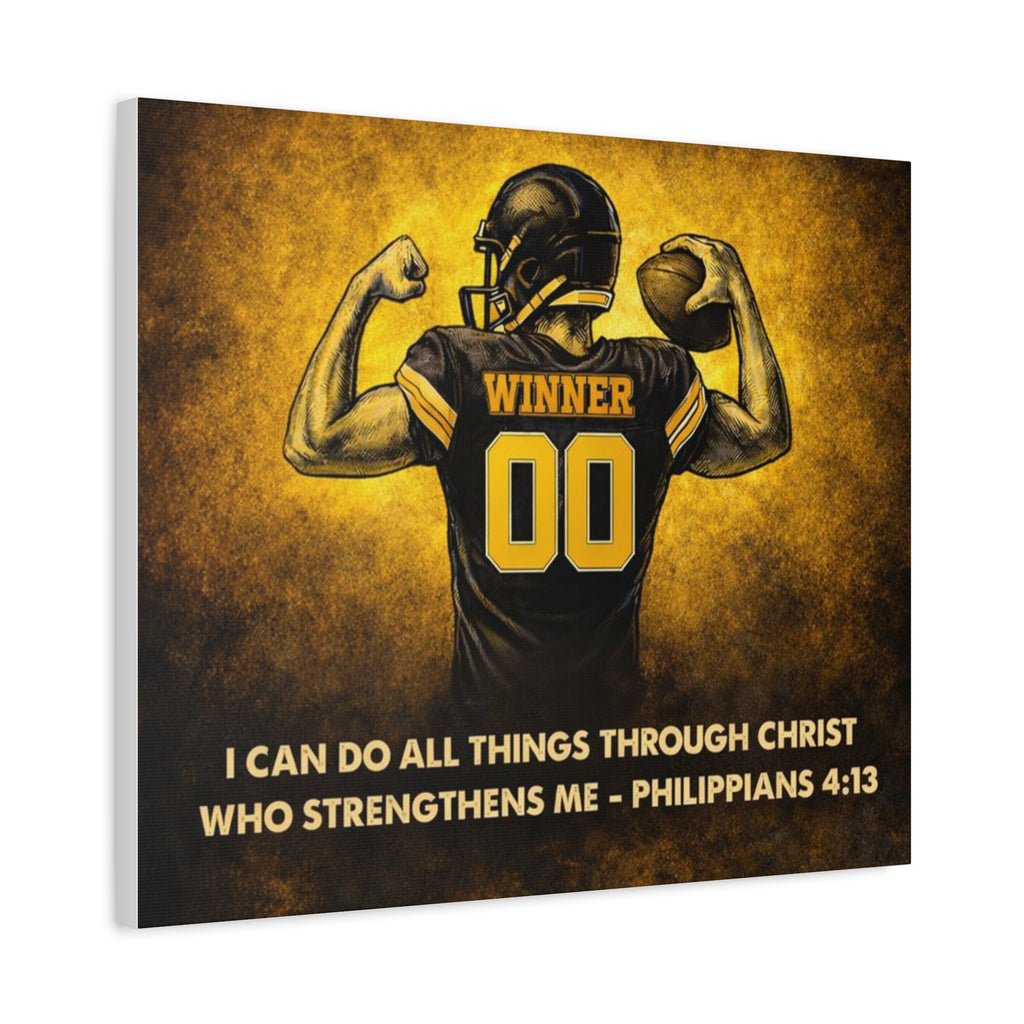 Christian Football Wall Art Canvas – Black & Gold Faith Decor | Philippians 4:13 Scripture | Midwest Football Home Art