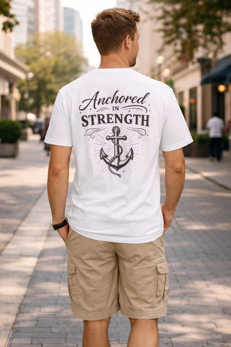 Anchored in Strength Christian T-Shirt | Faith-Based Anchor Cross Graphic Tee | Inspirational Christian Apparel | Faith & Home Co