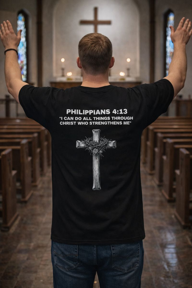 Philippians 4:13 Christian T-Shirt – “I Can Do All Things Through Christ” Faith Cross Graphic Tee