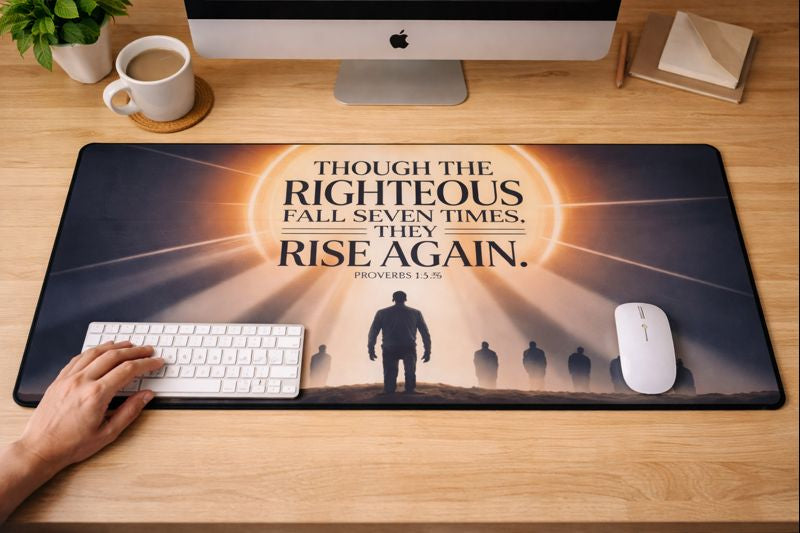 “Though the Righteous Fall” Christian Desk Mat – Proverbs 24:16 Inspirational Computer Desk Pad | Faith & Home Co.