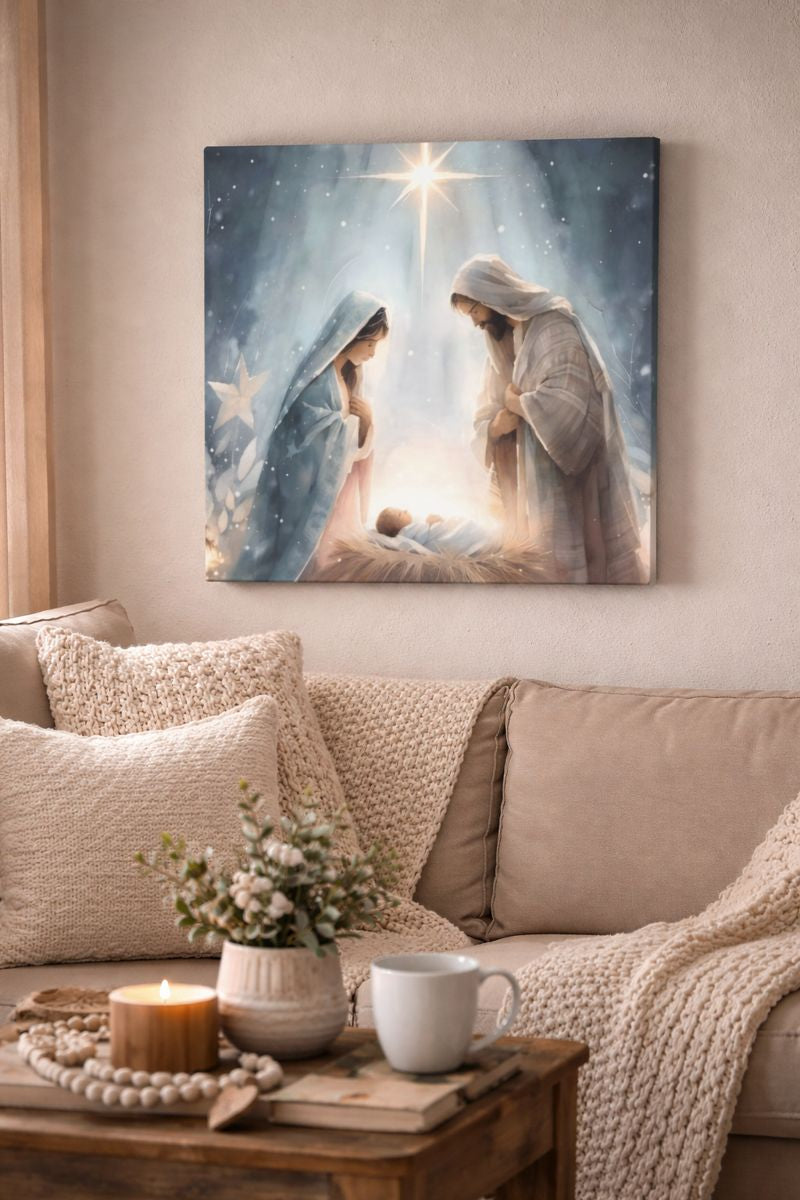 Holy Family Nativity Canvas Wall Art – Mary and Joseph Christian Christmas Artwork, Faith-Inspired Home Décor