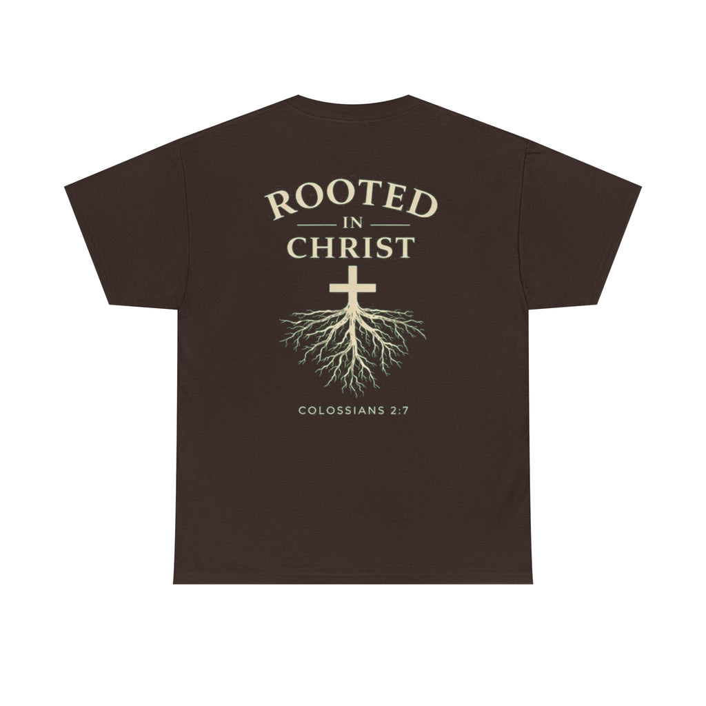 Rooted in Christ Christian T-Shirt – Colossians 2:7 Faith-Based Graphic Tee | Inspirational Christian Apparel