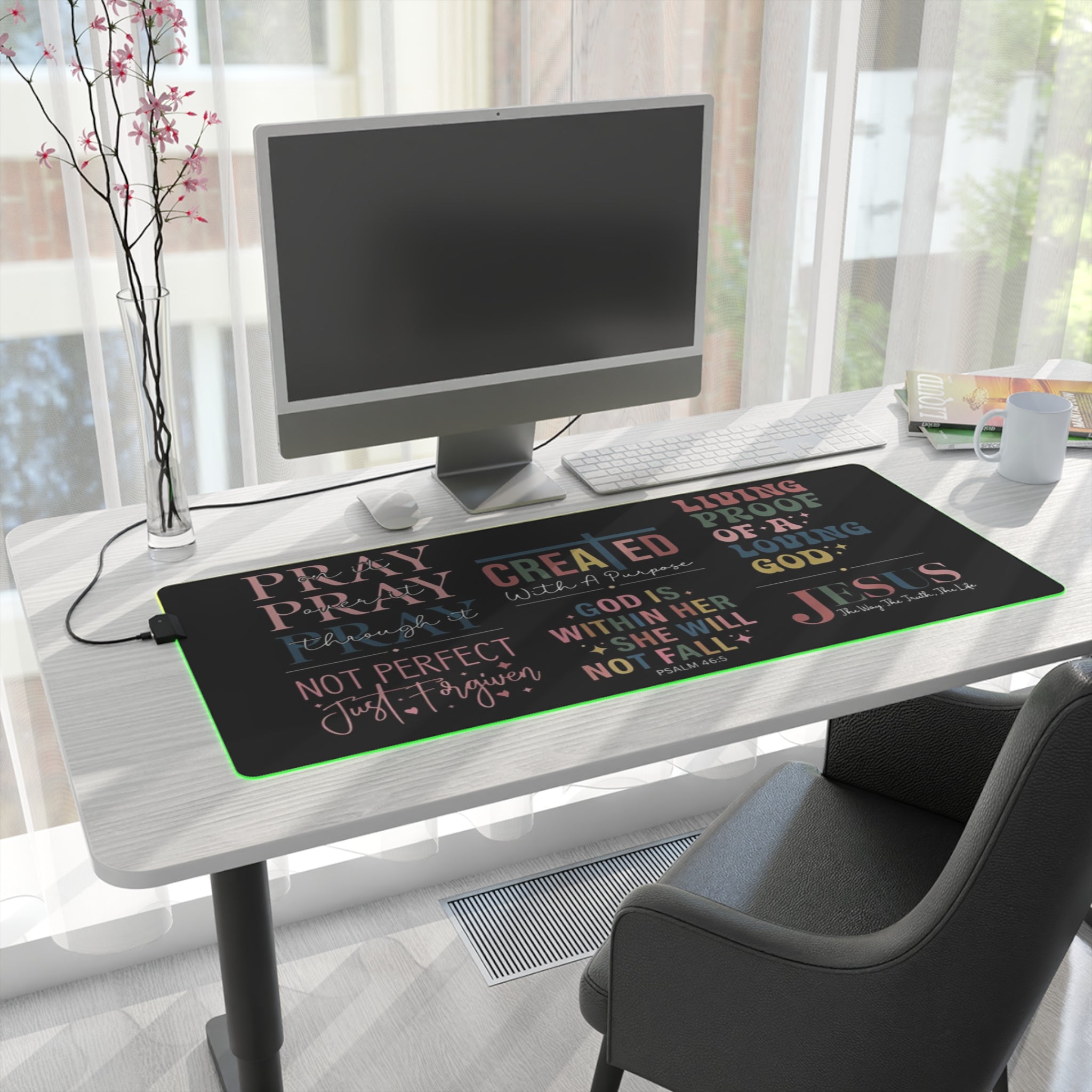 Christian LED Desk Mat – Light-Up Faith Desk Pad with Scripture & Inspirational Quotes | RGB Office & Gaming Mouse Pad