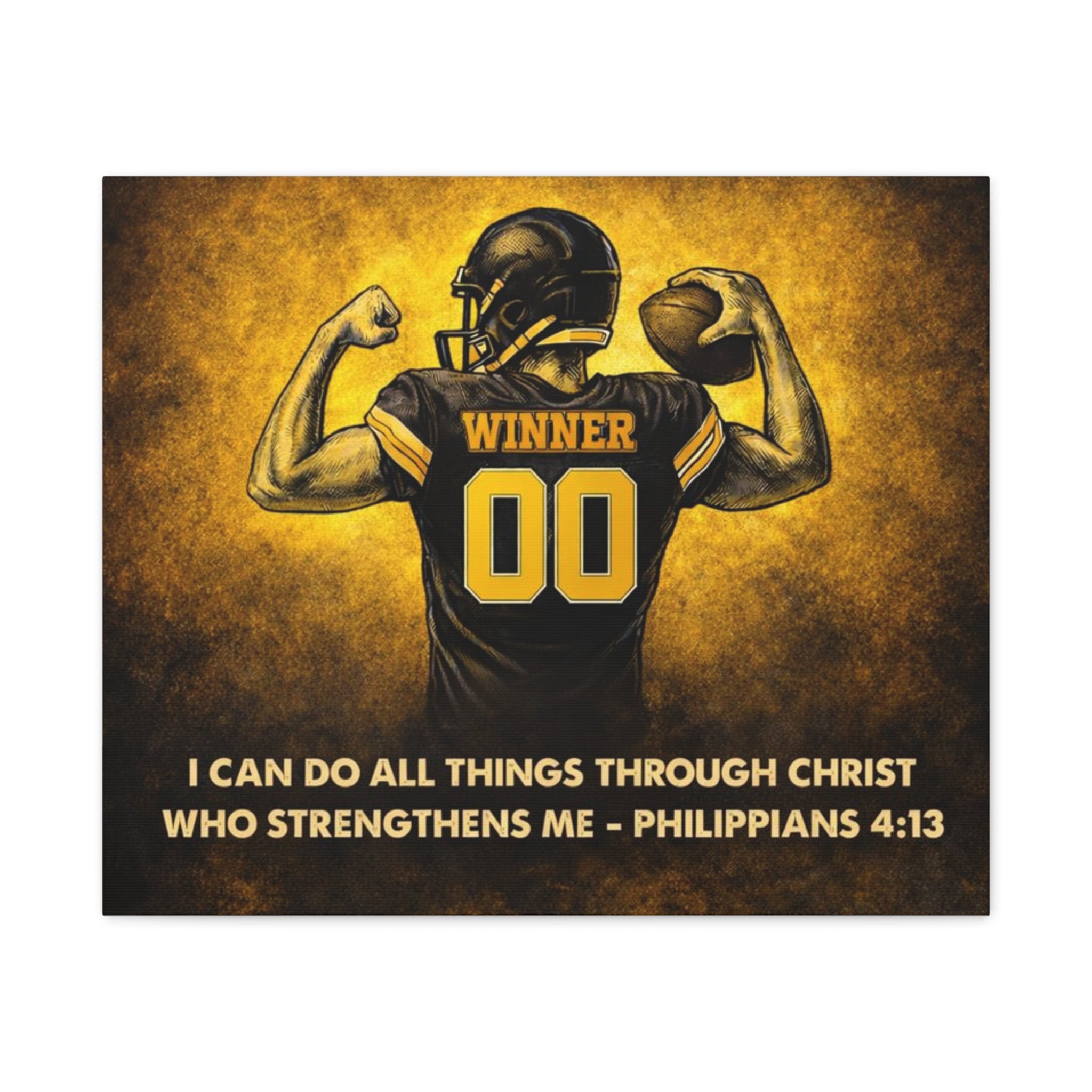 Christian Football Wall Art Canvas – Black & Gold Faith Decor | Philippians 4:13 Scripture | Midwest Football Home Art