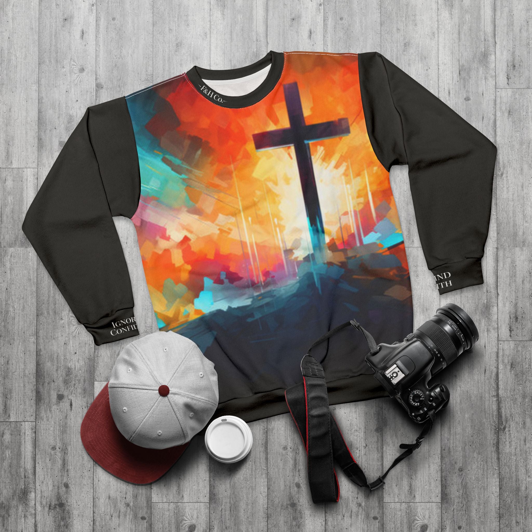 Christian Cross Sweatshirt | Colorful Sunrise Faith Pullover | Inspirational Christian Apparel | Faith and Home Co