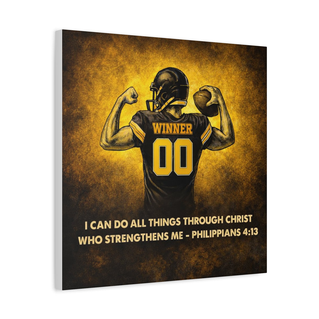 Christian Football Wall Art Canvas – Black & Gold Faith Decor | Philippians 4:13 Scripture | Midwest Football Home Art