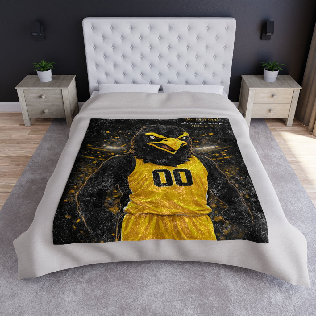 Black & Gold Basketball Crushed Velvet Blanket – Faith-Inspired Sports Throw with Matthew 19:26 Scripture