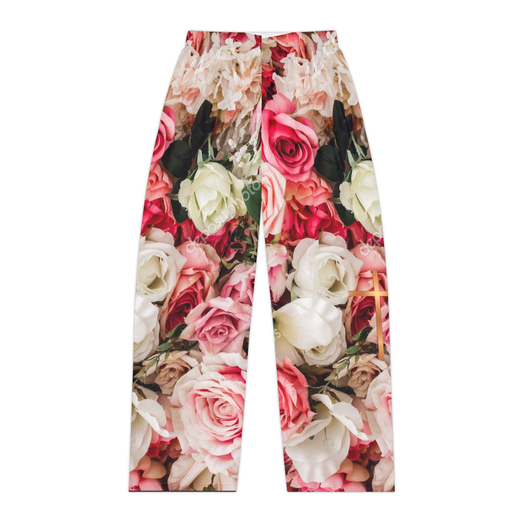 Christian Pink Rose Floral Sweat pants with Copper Cross – Faith-Inspired Cozy Women’s Loungewear