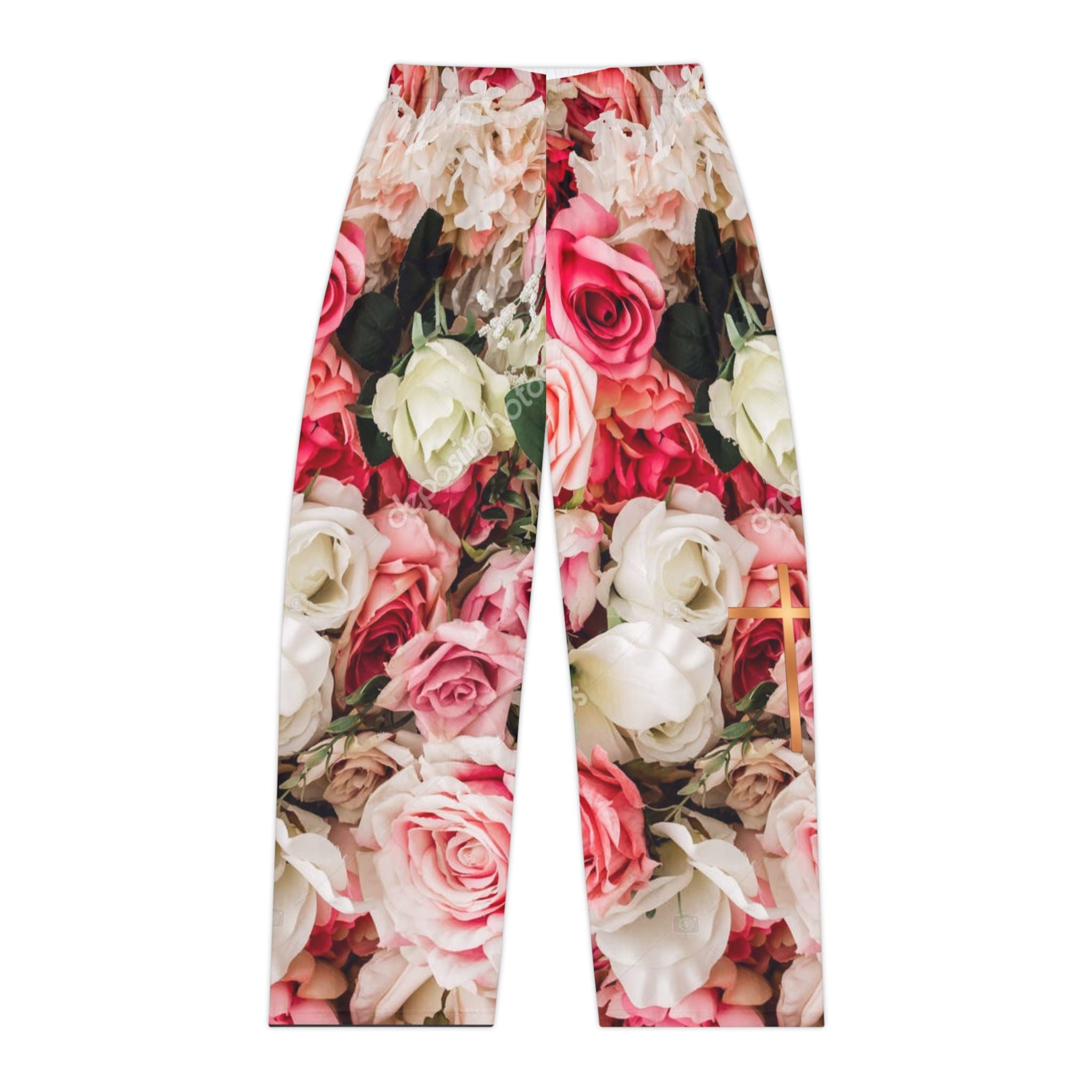 Christian Pink Rose Floral Sweat pants with Copper Cross – Faith-Inspired Cozy Women’s Loungewear