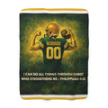 Christian Sherpa Football Blanket | Philippians 4:13 Scripture Throw | Green & Gold Faith-Inspired Blanket | Cozy Game Day Decor