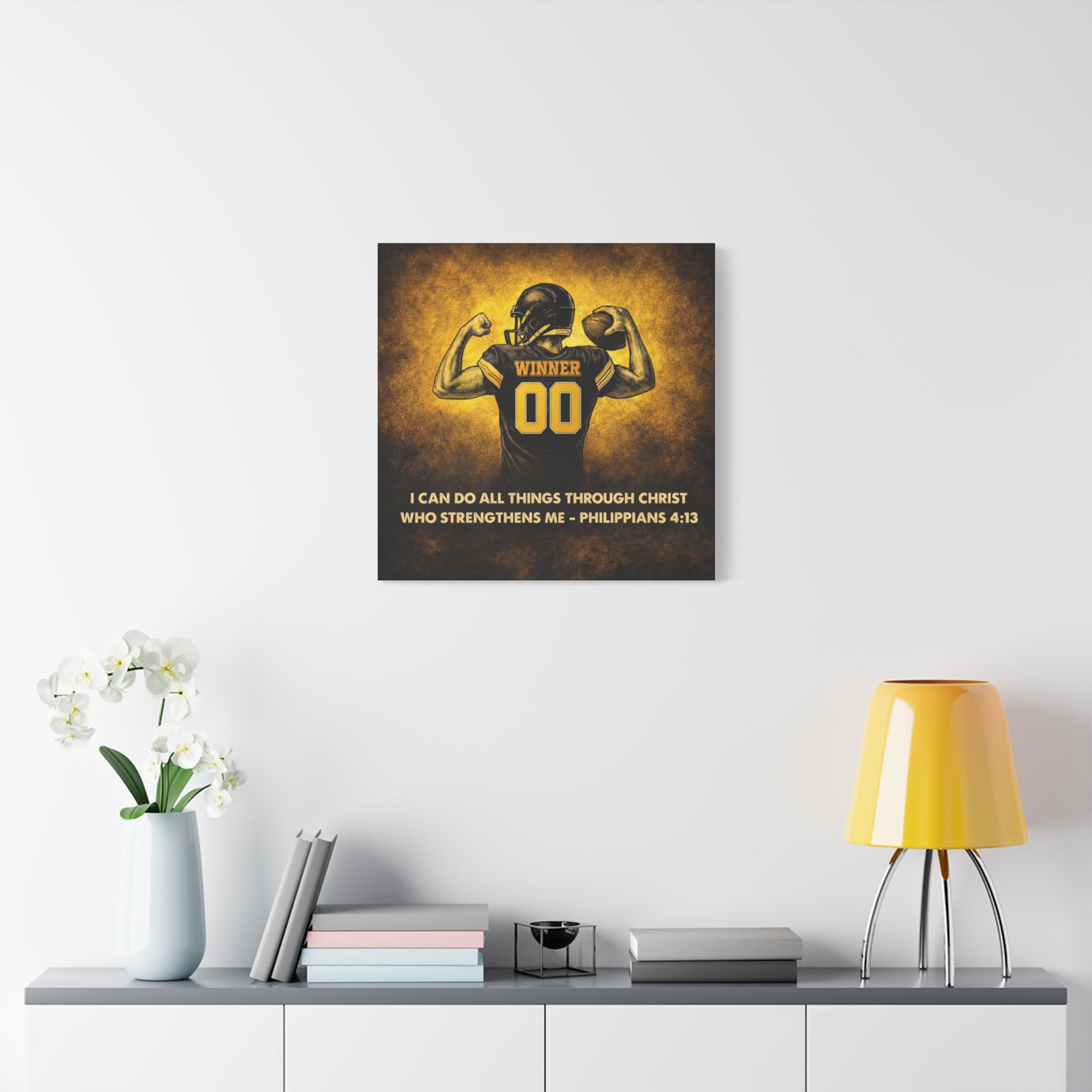 Christian Football Wall Art Canvas – Black & Gold Faith Decor | Philippians 4:13 Scripture | Midwest Football Home Art