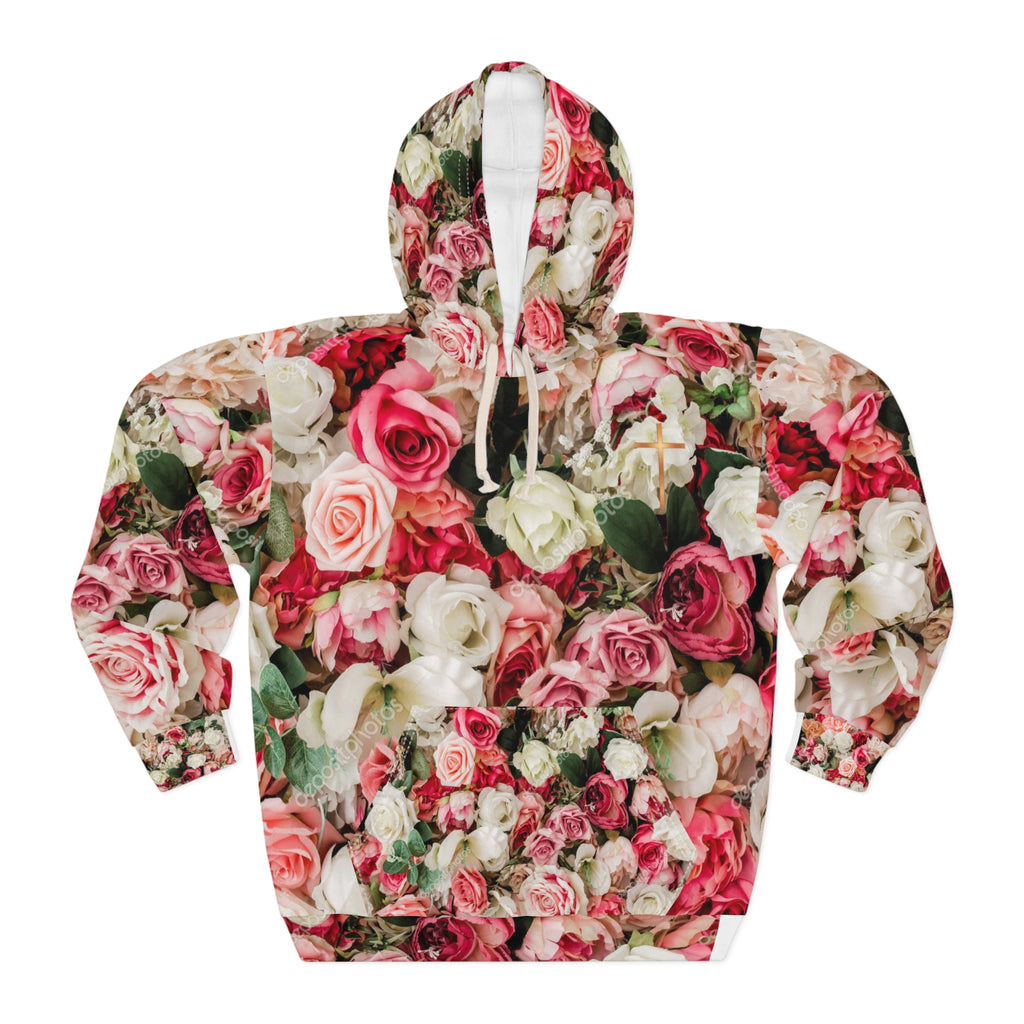 Christian Pink Rose Floral Sweatshirt with Copper Cross – Cozy Faith-Inspired Women’s Loungewear | Faith & Home Co