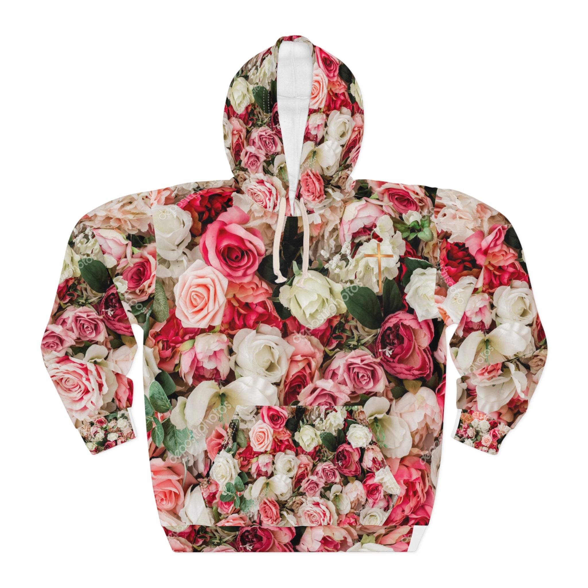 Christian Pink Rose Floral Sweatshirt with Copper Cross – Cozy Faith-Inspired Women’s Loungewear | Faith & Home Co