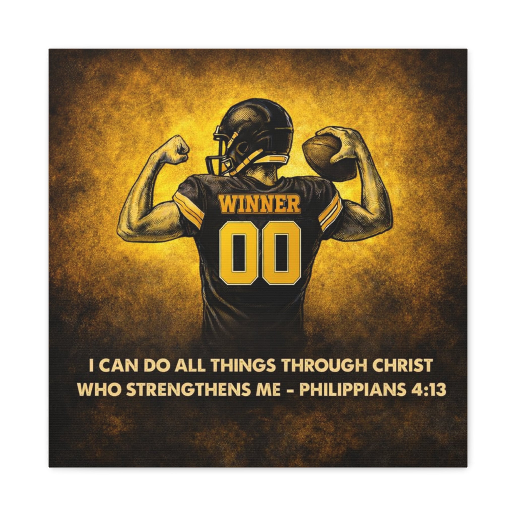 Christian Football Wall Art Canvas – Black & Gold Faith Decor | Philippians 4:13 Scripture | Midwest Football Home Art