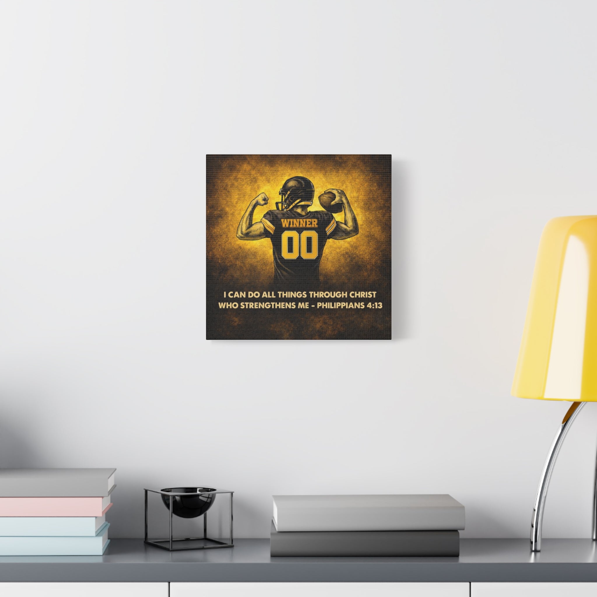 Christian Football Wall Art Canvas – Black & Gold Faith Decor | Philippians 4:13 Scripture | Midwest Football Home Art